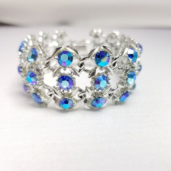 Vintage Wide Blue Rhinestone and Silver Tone Panel Bracelet, Retro 60s 70s Style - Picture 2 of 7